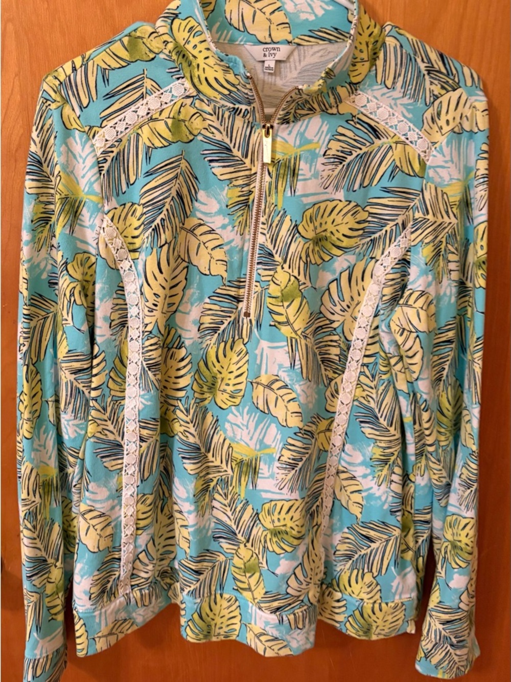 crown & ivy Turquoise, Yellow and White Tropical Leaf Half-Zip Pullover